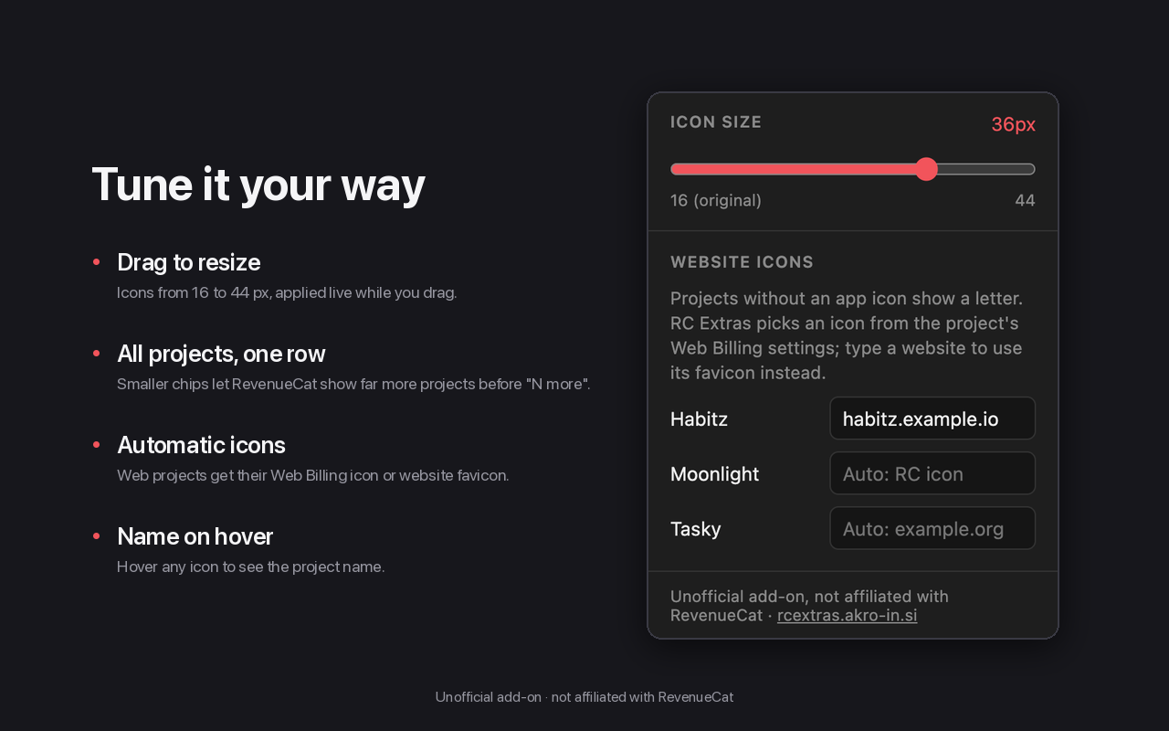 RC Extras settings: icon size slider and website list